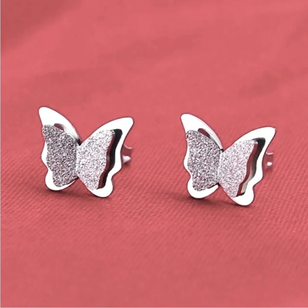 New Sterling Silver Double Butterfly Studs